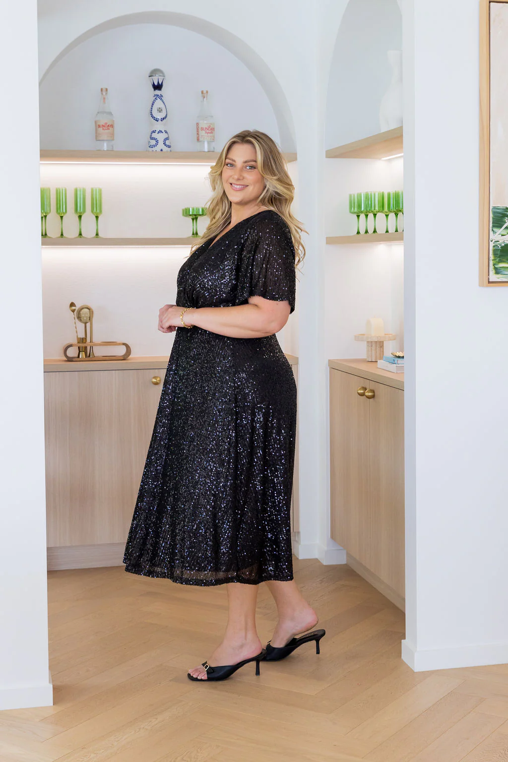 Athelia Sequin Midi Dress in Black - Image 7