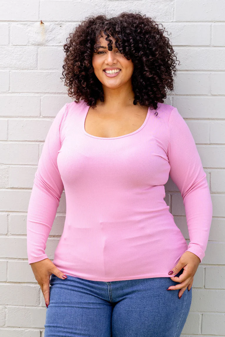 Billi Long Sleeve Rib Tee in Barbie - Image 3