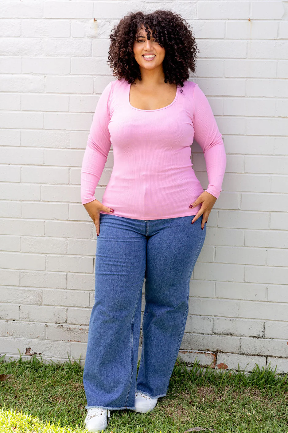 Billi Long Sleeve Rib Tee in Barbie - Image 4