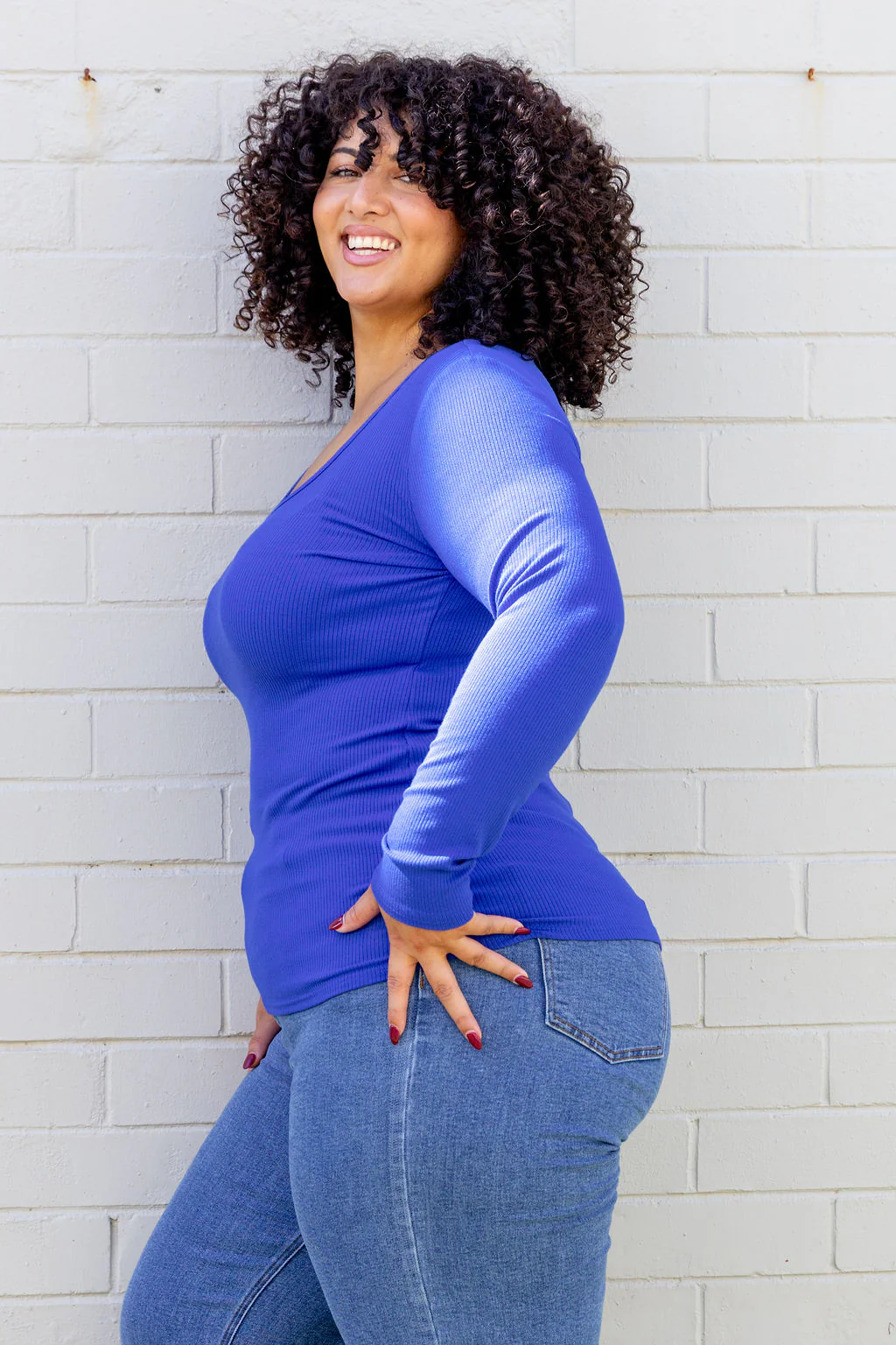 Billi Long Sleeve Rib Tee in Cobalt - Image 3