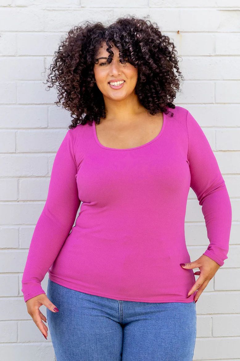 Billi Long Sleeve Rib Tee in Fuchsia - Image 3