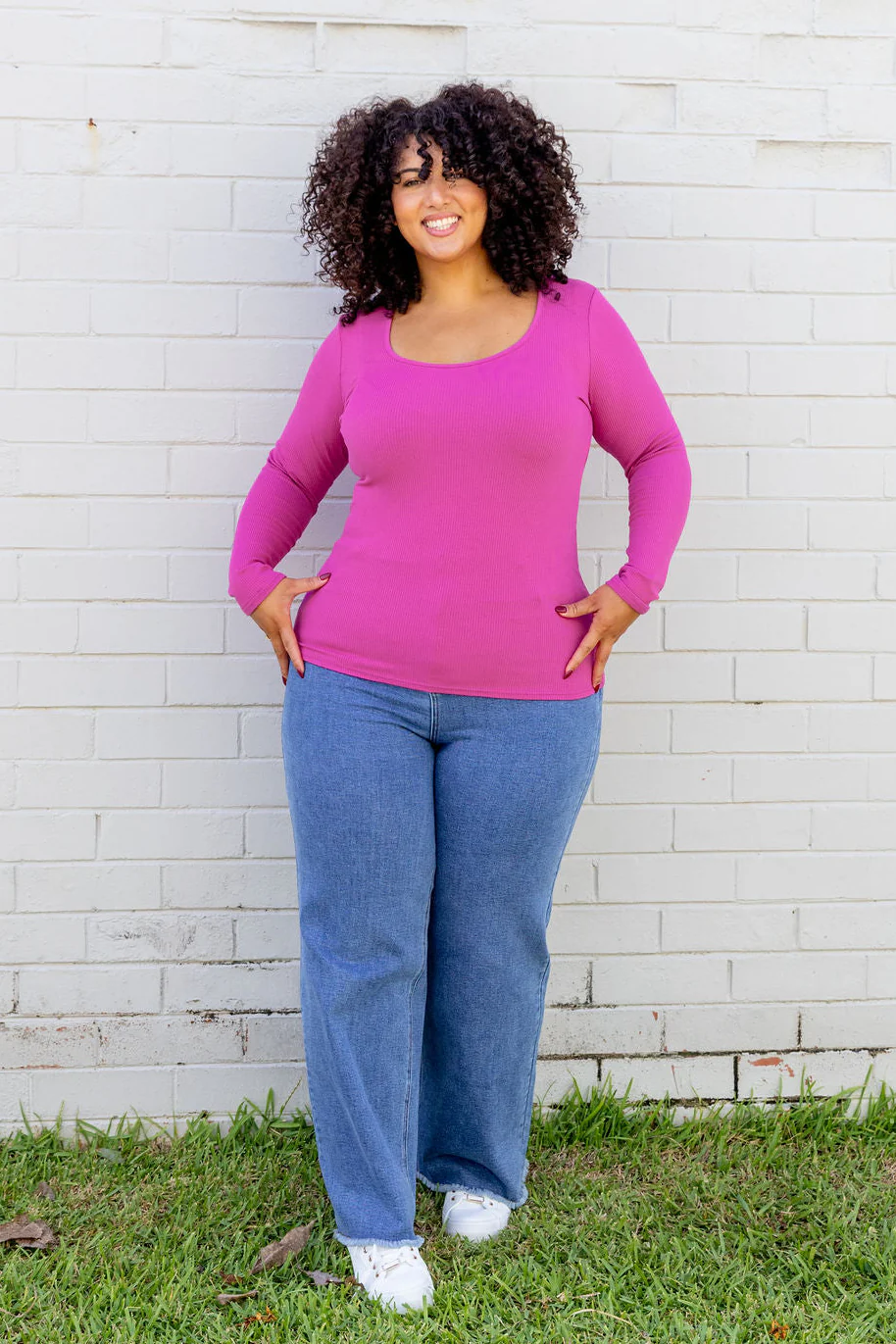 Billi Long Sleeve Rib Tee in Fuchsia - Image 4