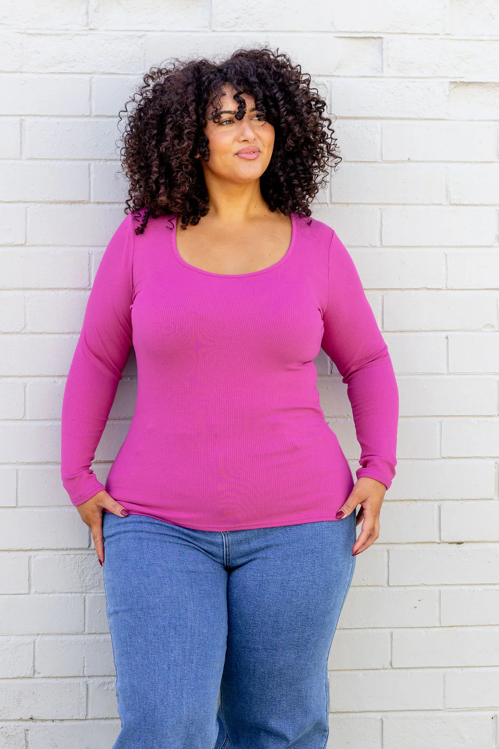 Billi Long Sleeve Rib Tee in Fuchsia - Image 9