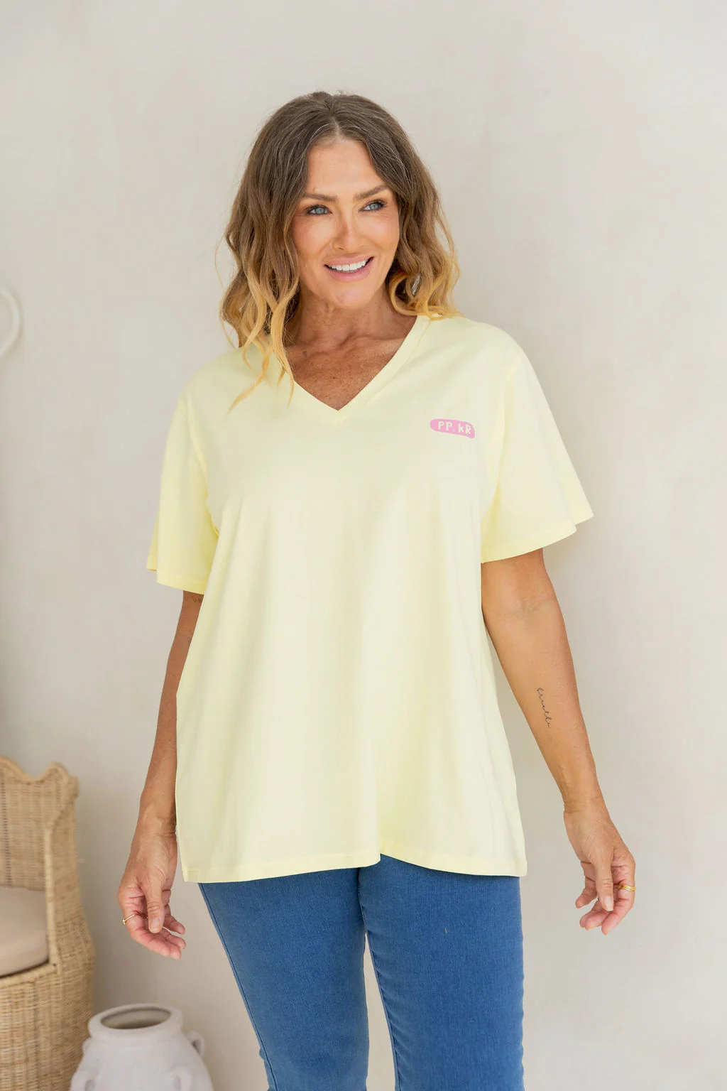 Della Relaxed V-Tee in Be Okay Lemon by Kasey Rainbow