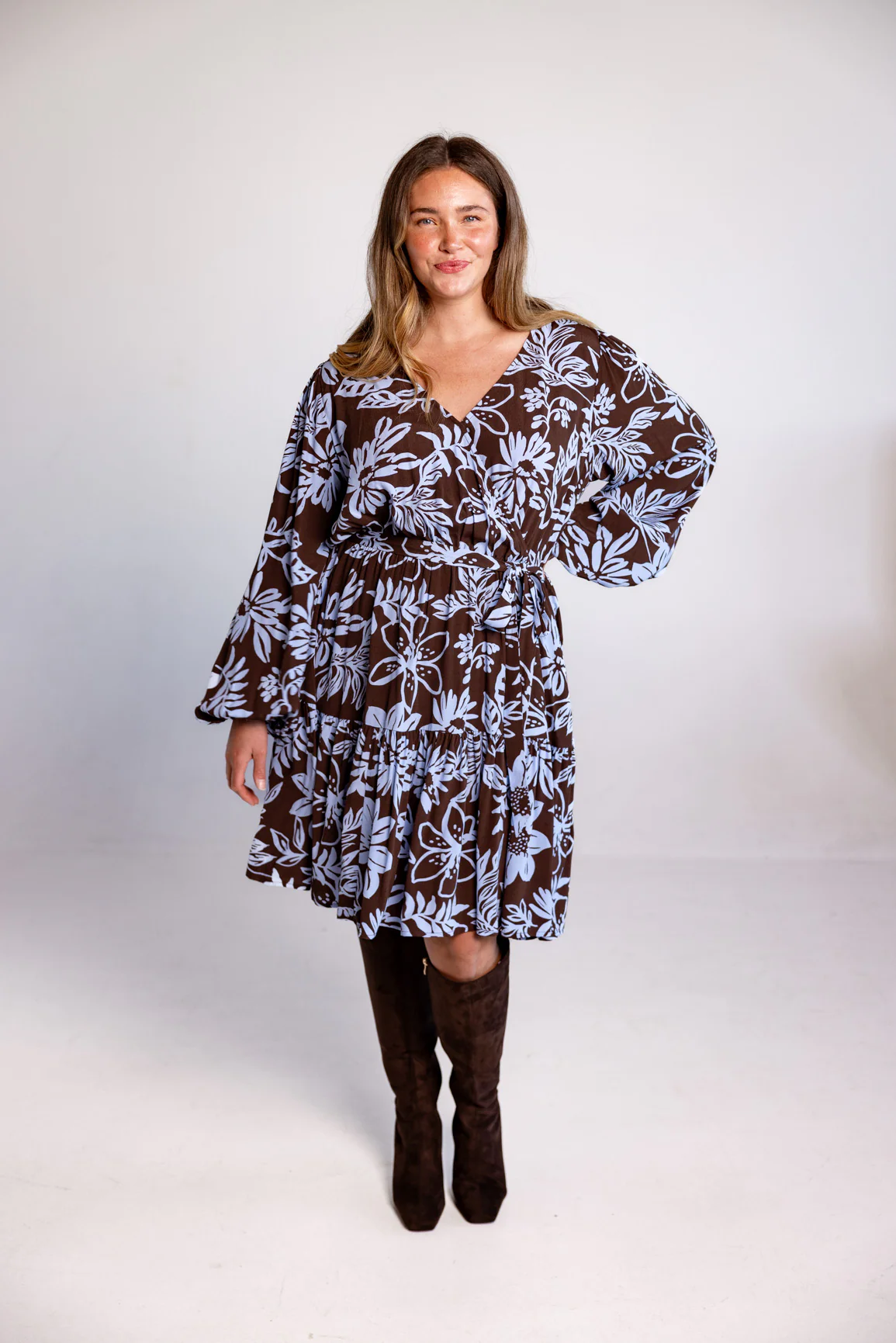 Deni Long Sleeve Dress in Blue Lani Chocolate