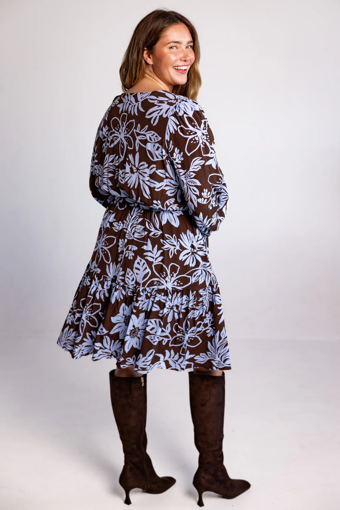 Deni Long Sleeve Dress in Blue Lani Chocolate - Image 15