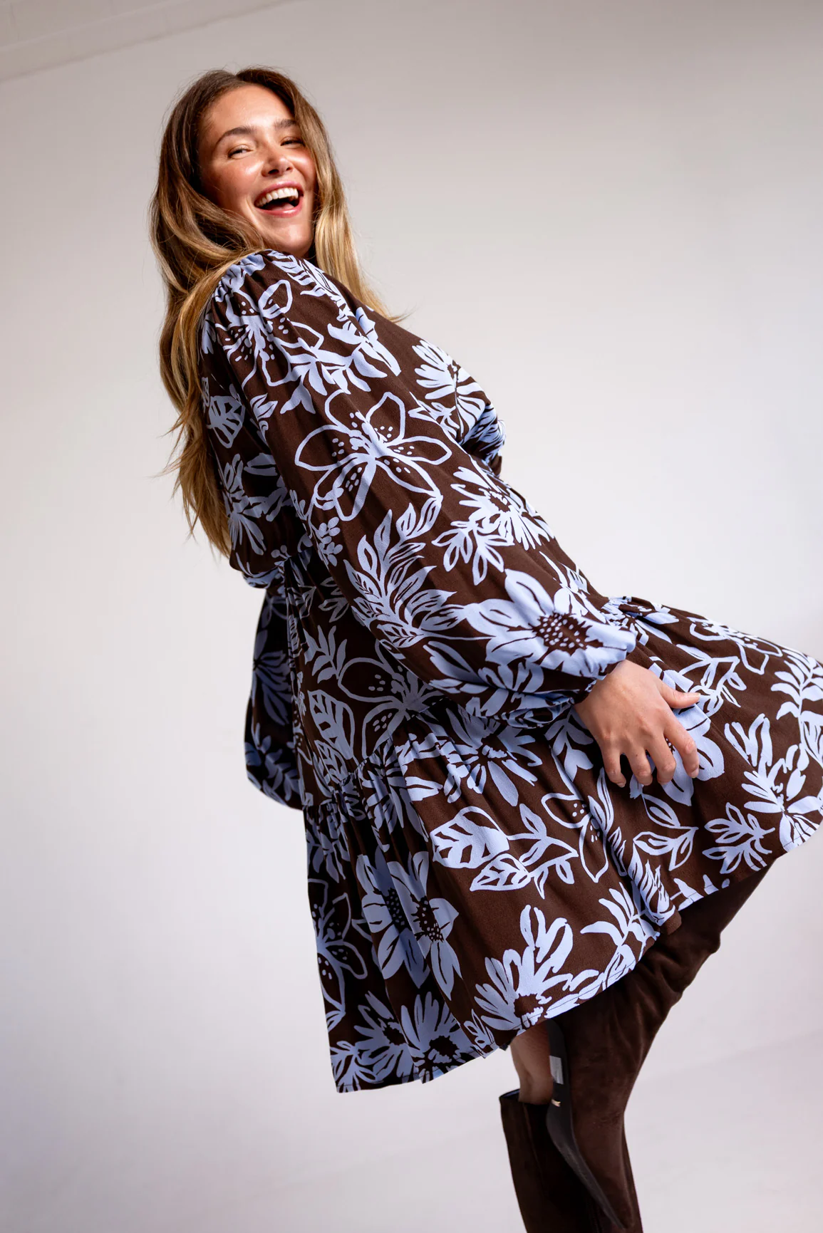 Deni Long Sleeve Dress in Blue Lani Chocolate - Image 7