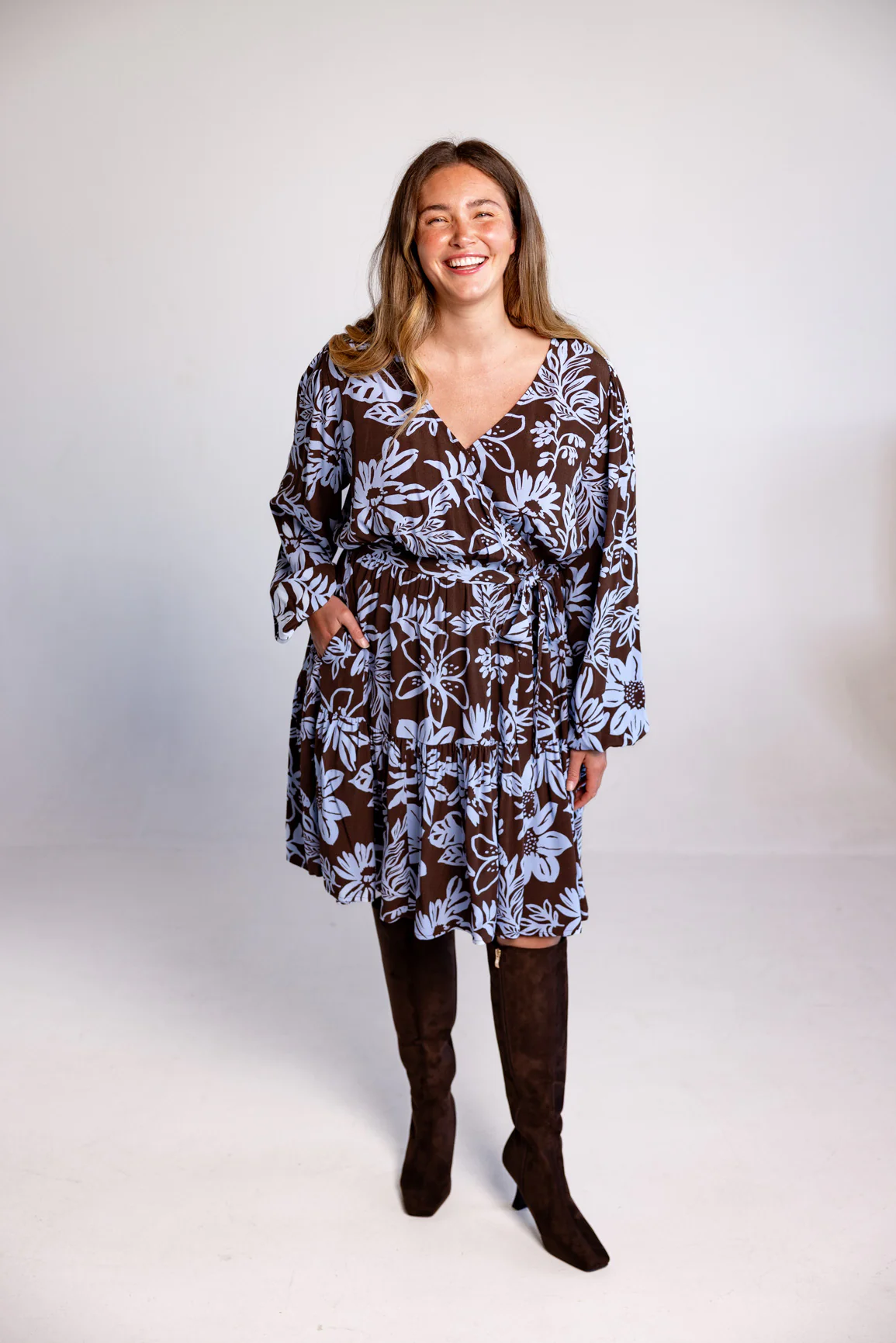Deni Long Sleeve Dress in Blue Lani Chocolate - Image 8