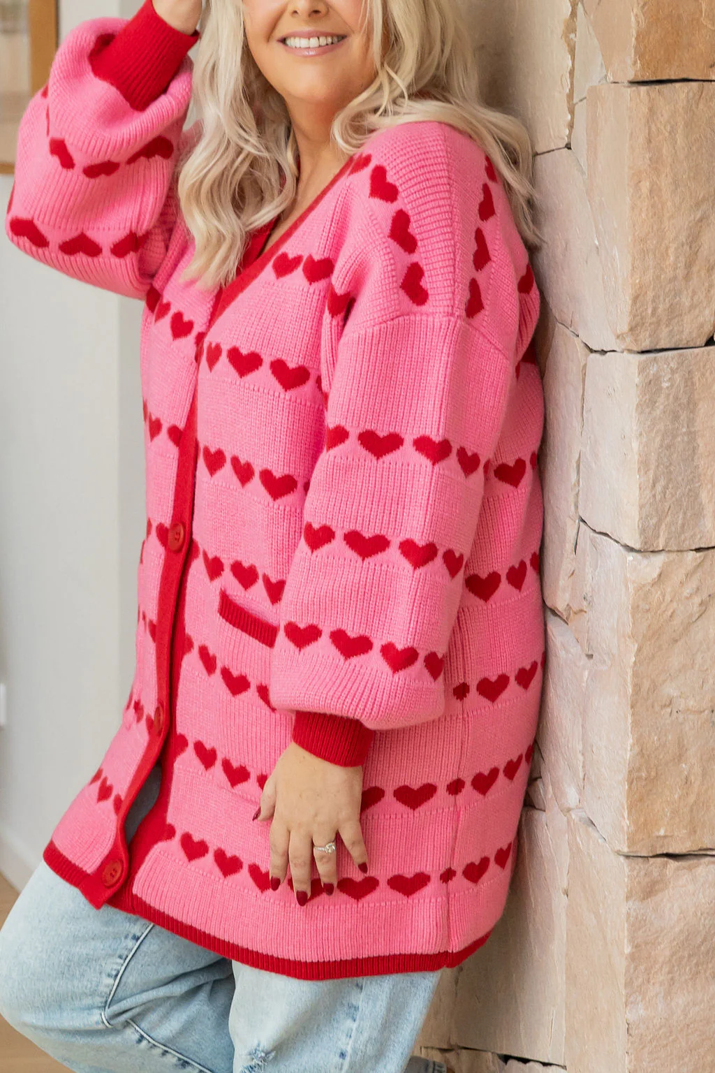 Devon Knit Cardi in Pink/Red Hearts - Image 11