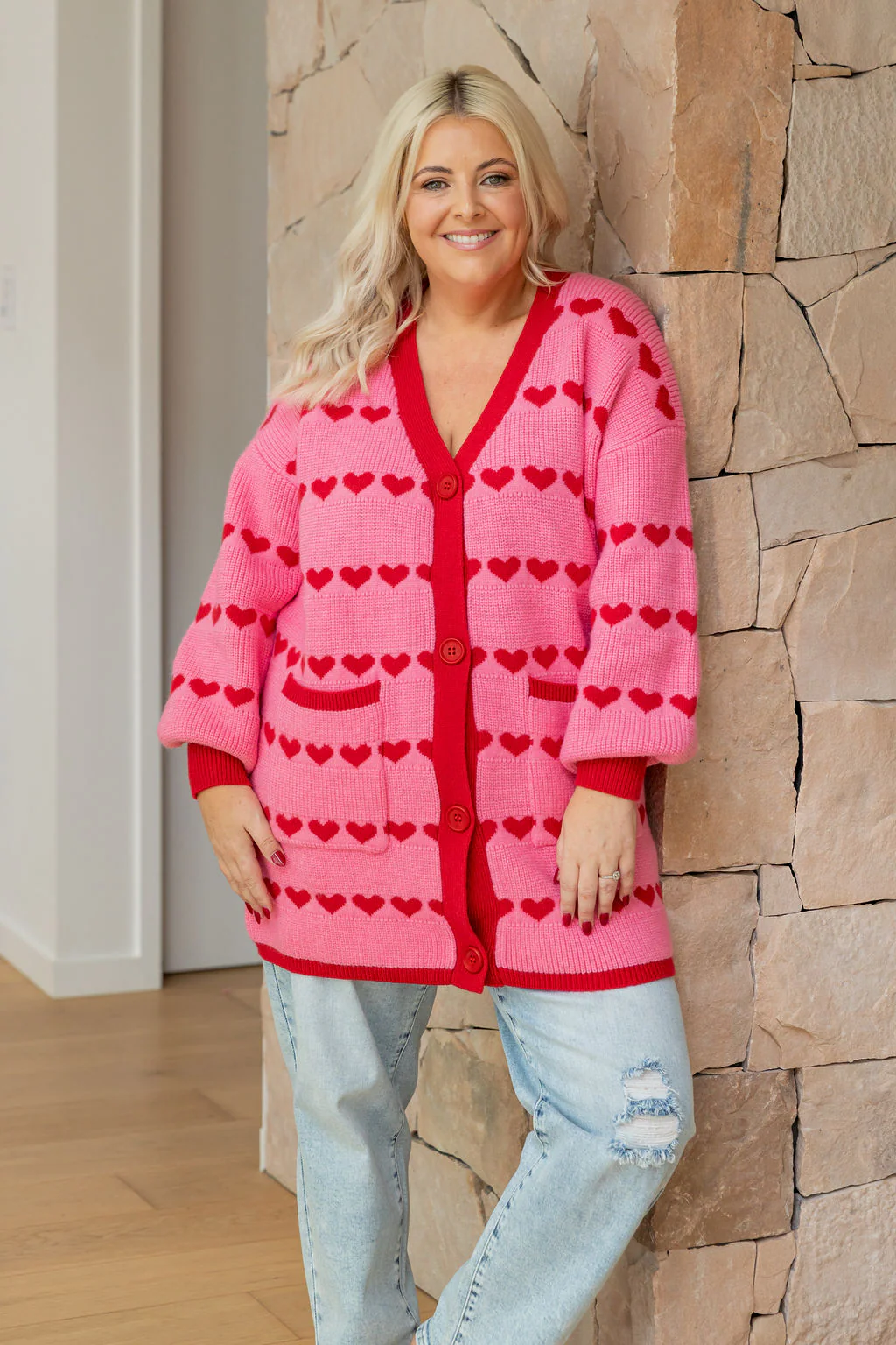 Devon Knit Cardi in Pink/Red Hearts - Image 12