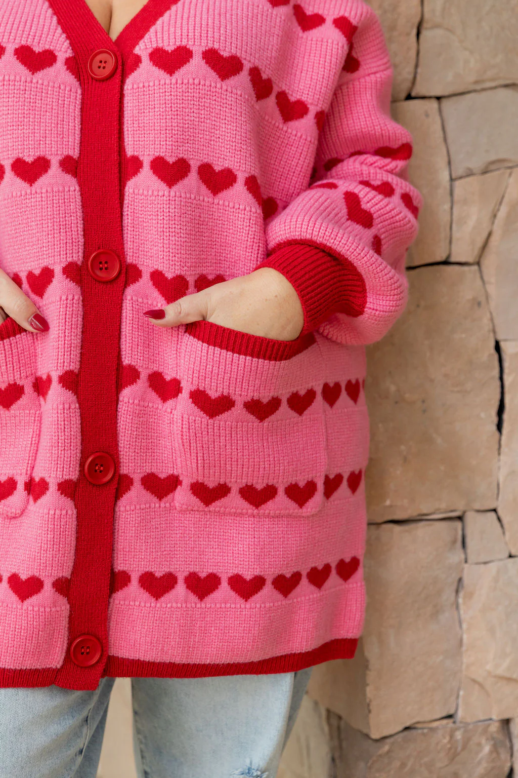 Devon Knit Cardi in Pink/Red Hearts - Image 14
