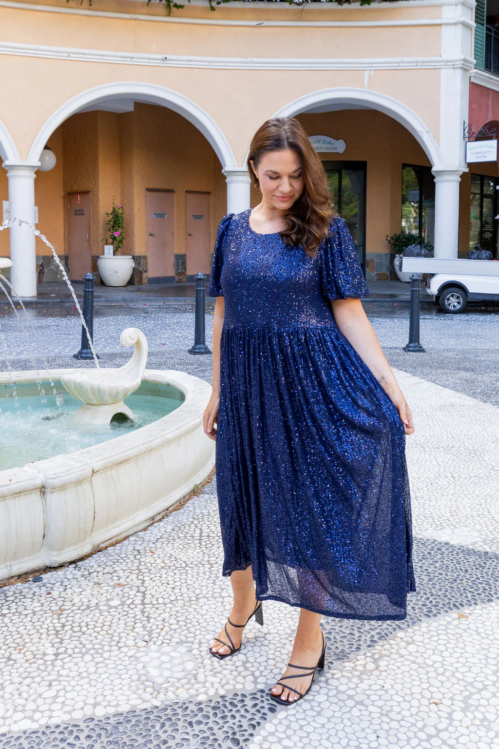 Glimmer Sequin Midi Dress in Navy - Image 16