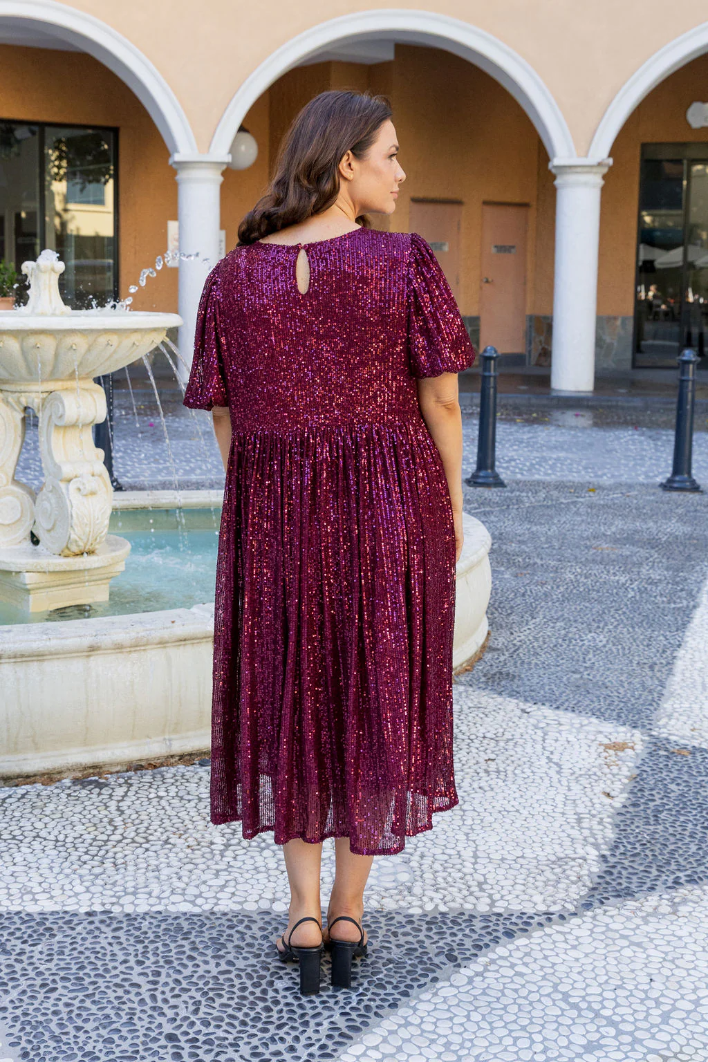 Glimmer Sequin Midi Dress in Wine - Image 12