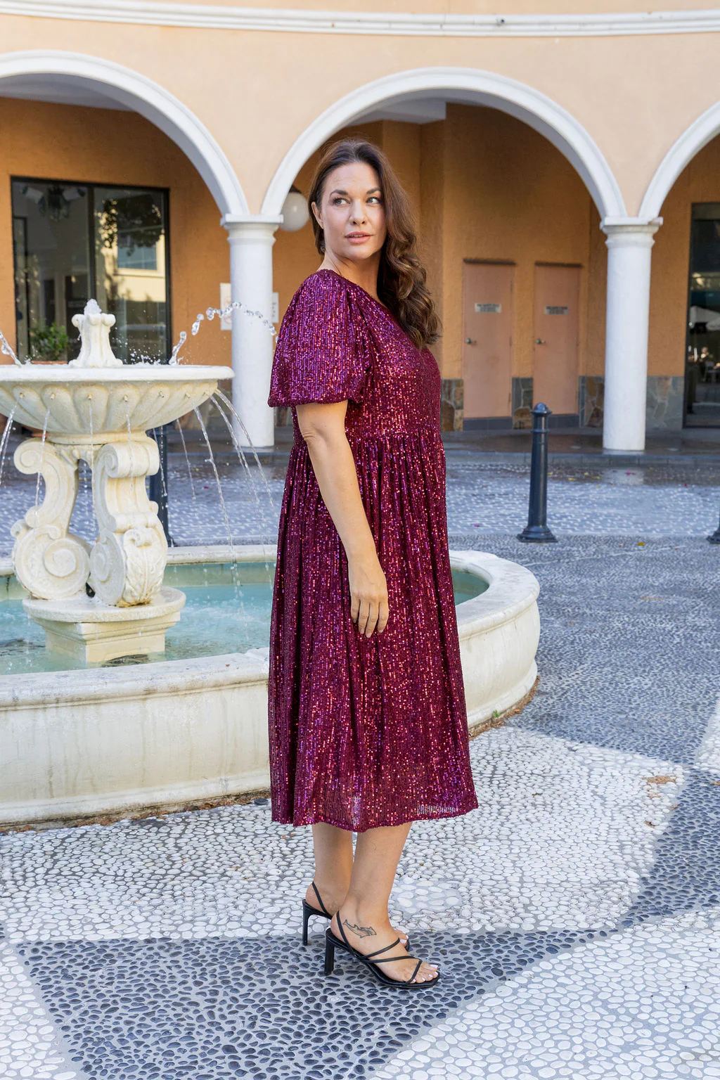 Glimmer Sequin Midi Dress in Wine - Image 14