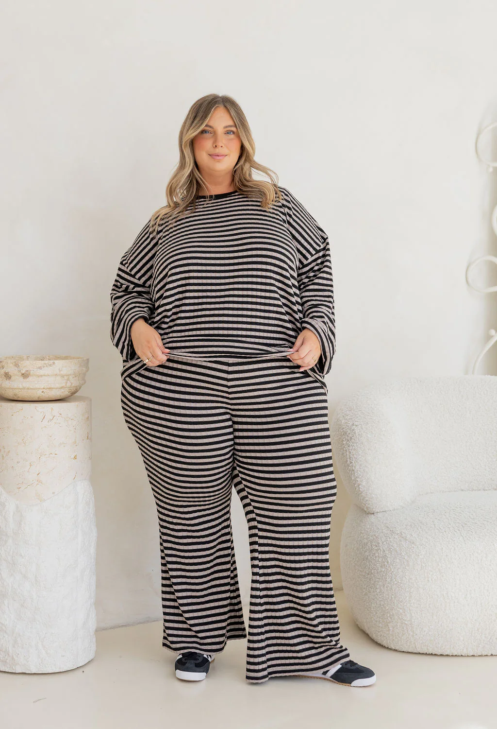 Henry Lounge Knit Pant in Black/Grey Stripe - Image 2