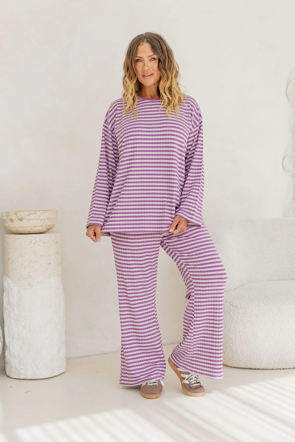 Henry Lounge Knit Pant in Purple/Lilac Stripe - Image 9