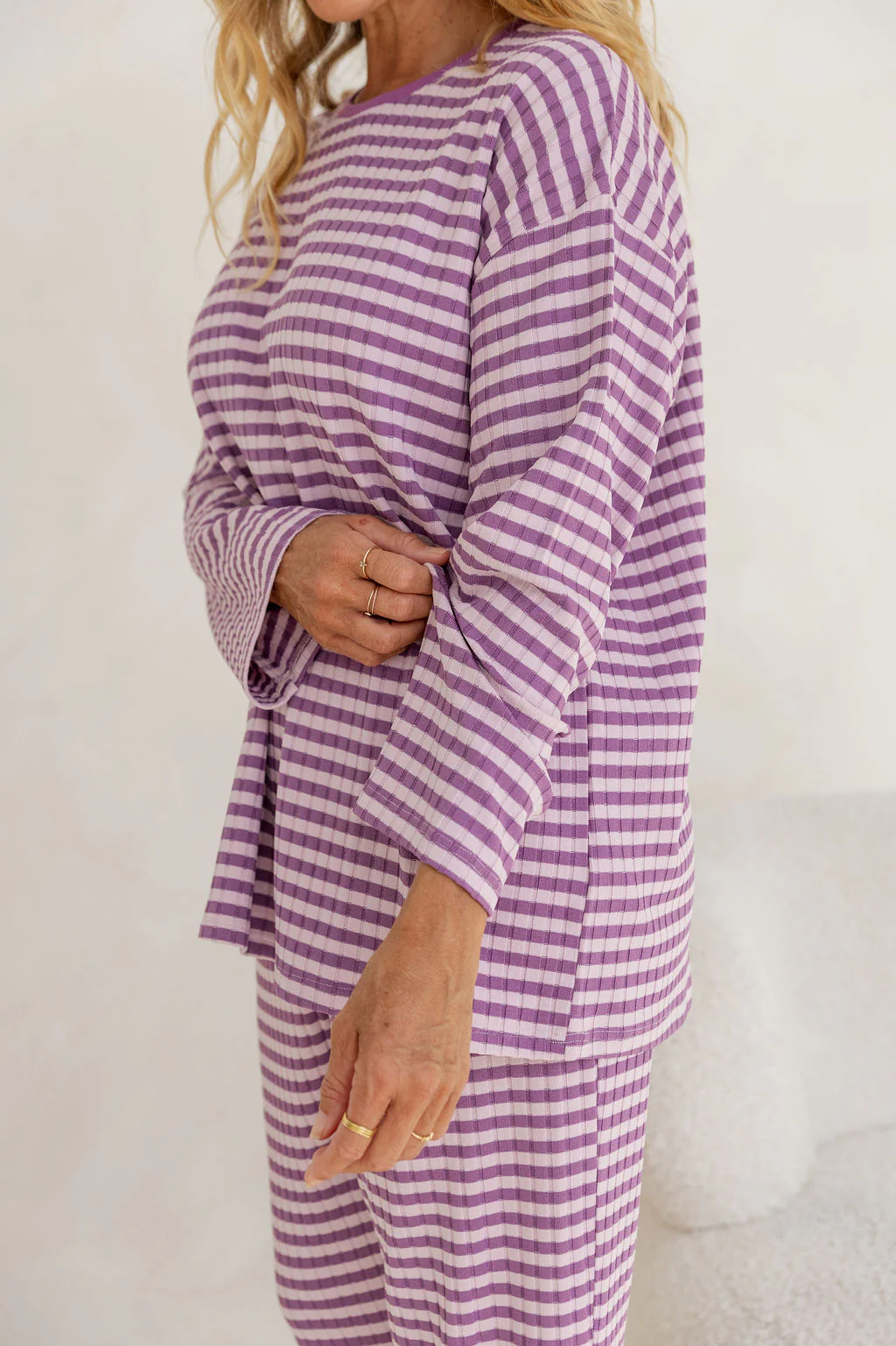 Henry Lounge Knit Top in Purple/Lilac Stripe - Image 13