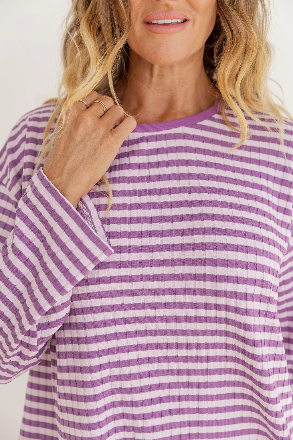 Henry Lounge Knit Top in Purple/Lilac Stripe - Image 2