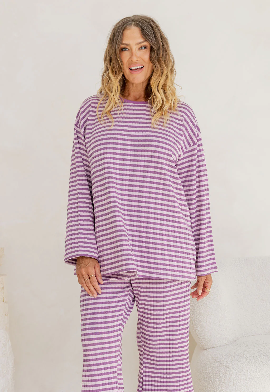 Henry Lounge Knit Top in Purple/Lilac Stripe - Image 4