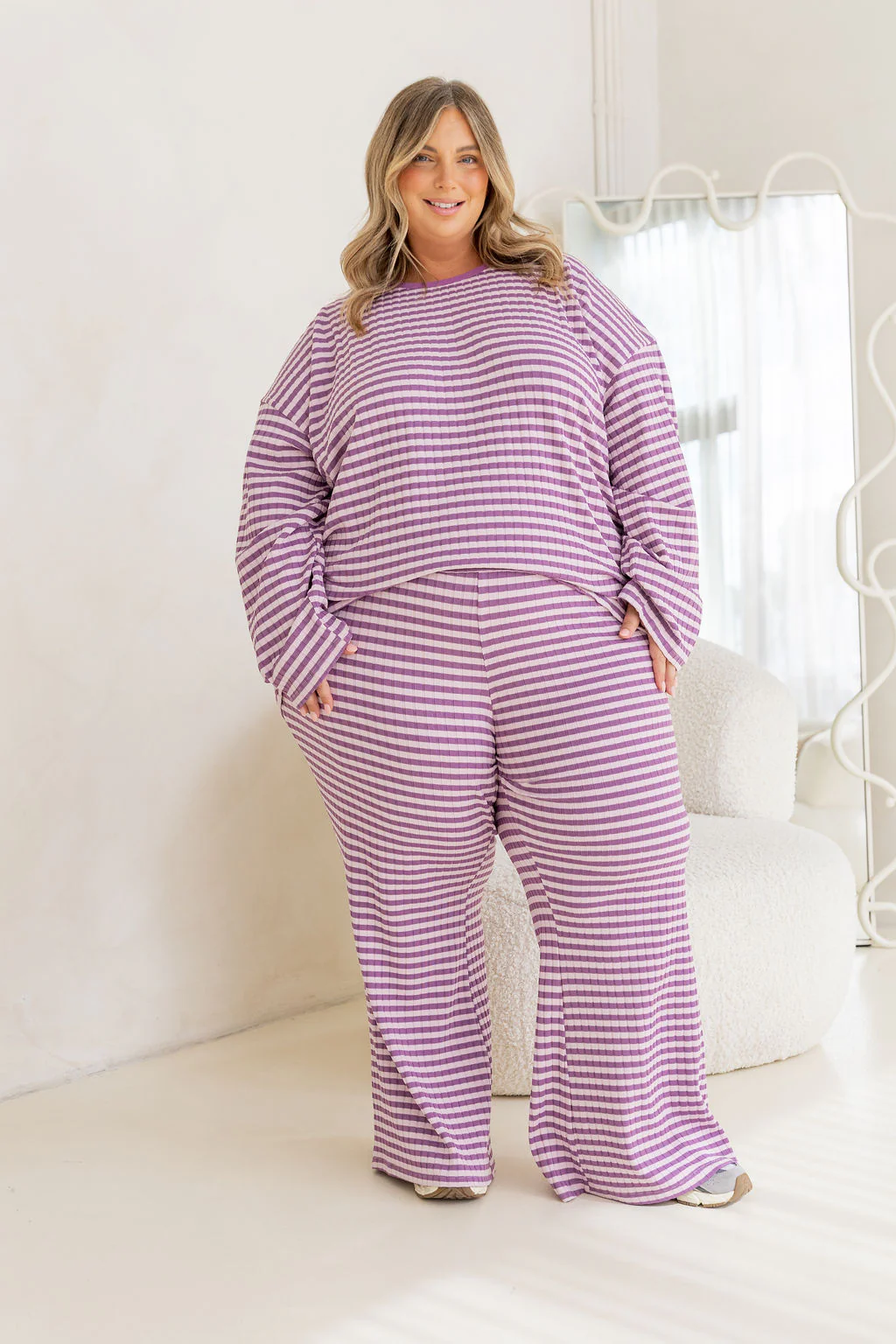 Henry Lounge Knit Top in Purple/Lilac Stripe - Image 5