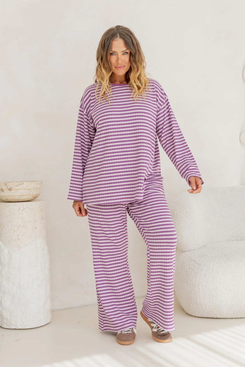 Henry Lounge Knit Top in Purple/Lilac Stripe - Image 8