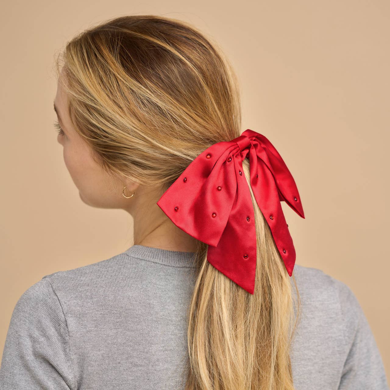 Holiday Satin & Rhinestone Bow Scrunchie - Image 3