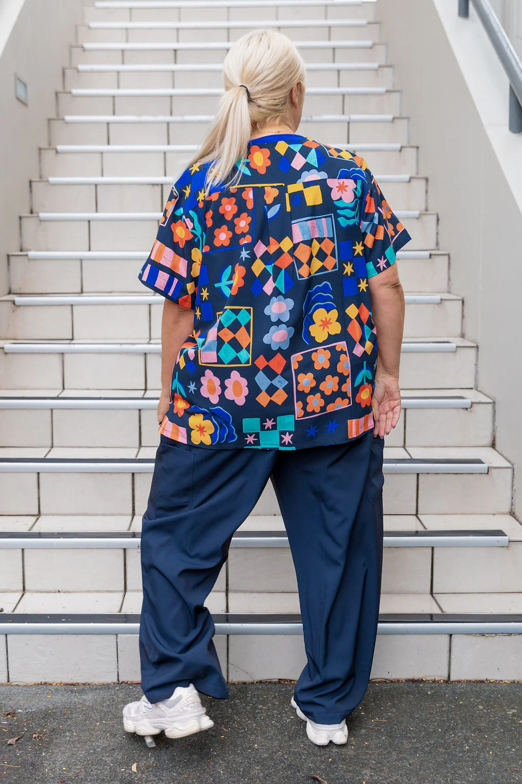 Jazz Scrubs in Checkerboard Petals Navy - Image 14
