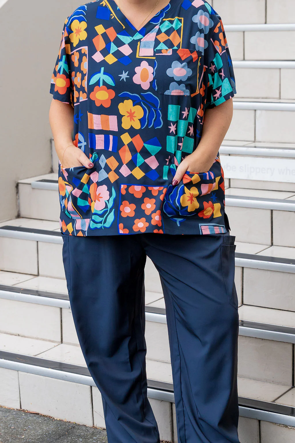 Jazz Scrubs in Checkerboard Petals Navy - Image 3