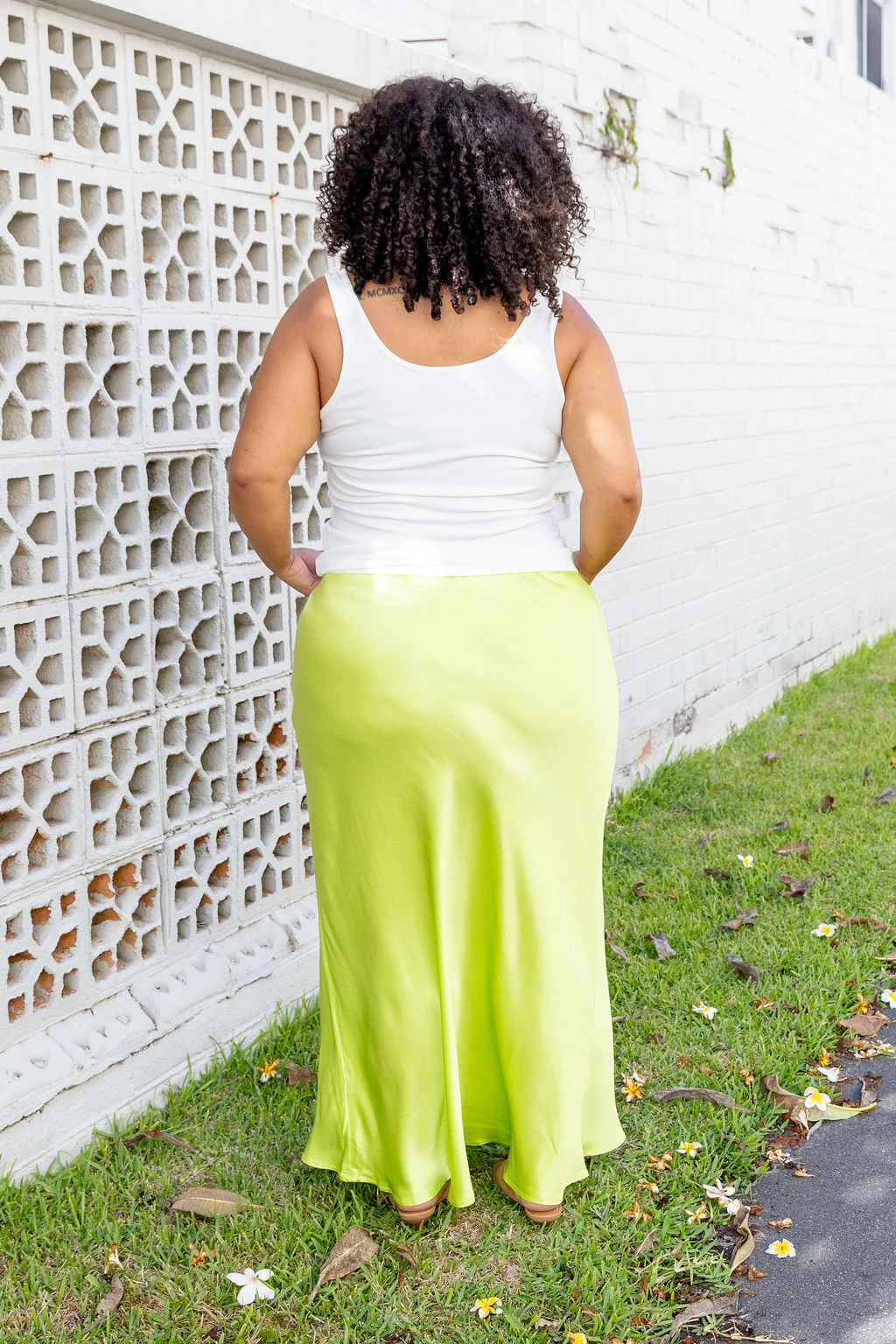 Livy Bias Skirt in Viscose Satin Lime - Image 5