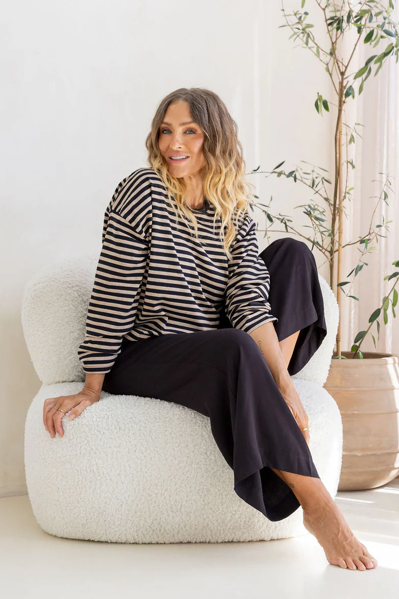 Long Sleeve Boxy Tee in Black/Oat Marle Stripes