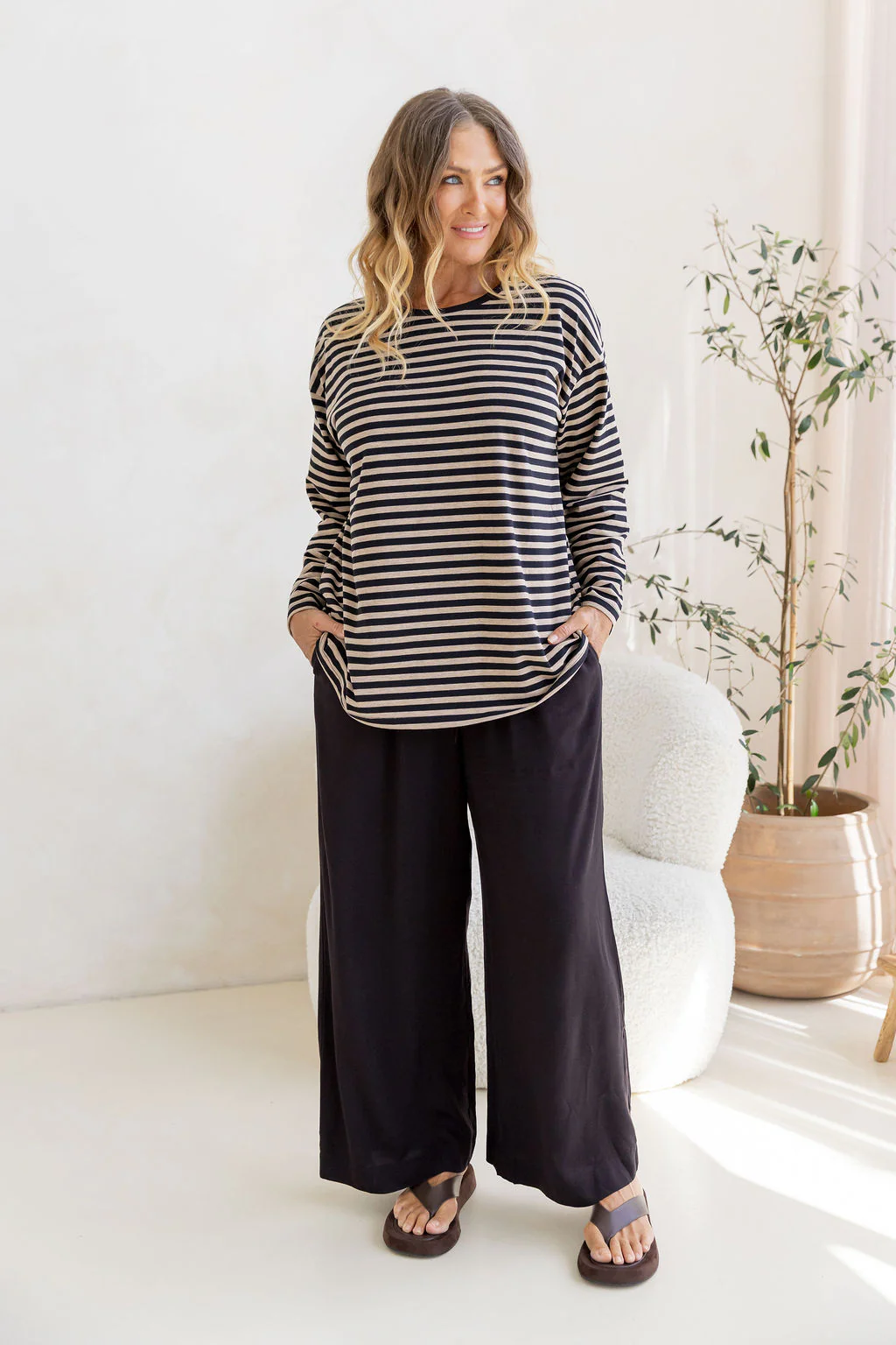 Long Sleeve Boxy Tee in Black/Oat Marle Stripes - Image 10