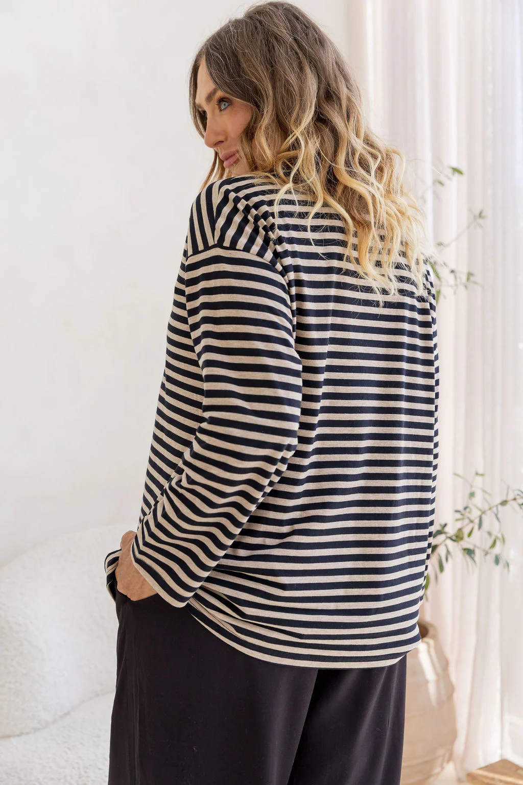 Long Sleeve Boxy Tee in Black/Oat Marle Stripes - Image 11