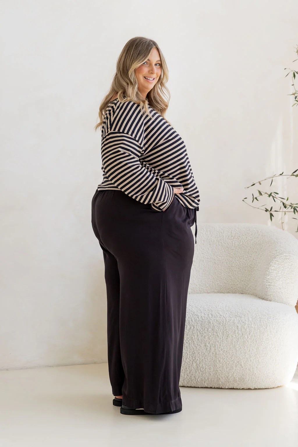 Long Sleeve Boxy Tee in Black/Oat Marle Stripes - Image 12