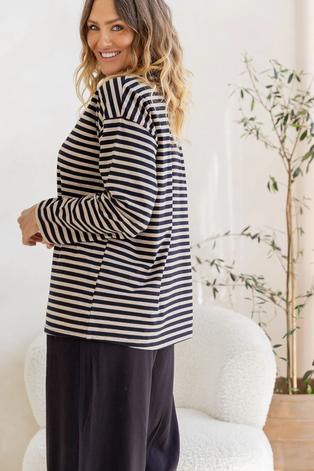 Long Sleeve Boxy Tee in Black/Oat Marle Stripes - Image 13