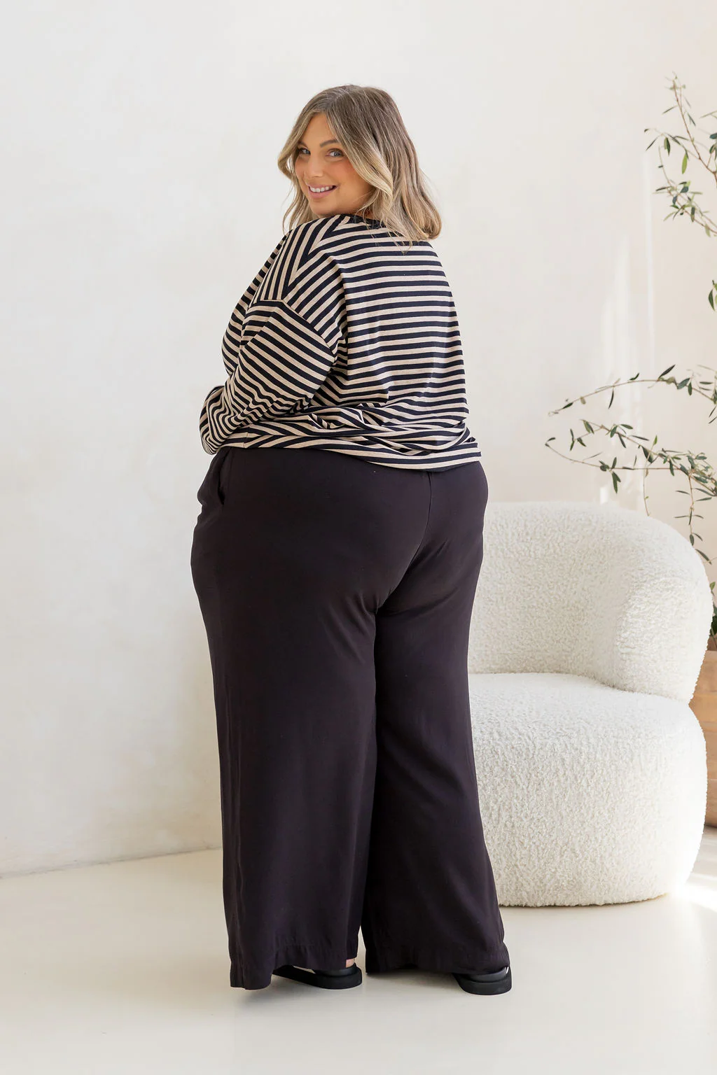 Long Sleeve Boxy Tee in Black/Oat Marle Stripes - Image 14
