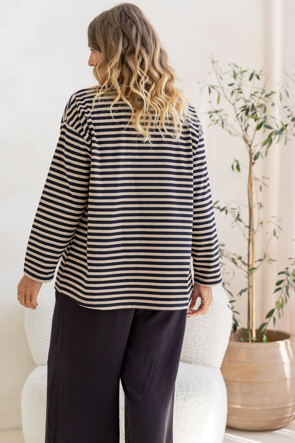 Long Sleeve Boxy Tee in Black/Oat Marle Stripes - Image 15