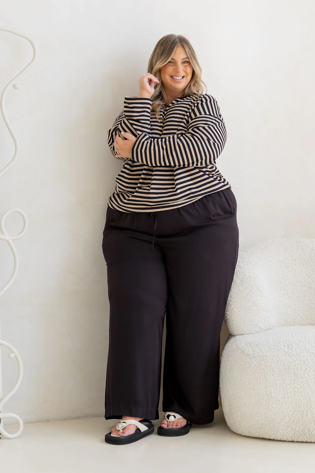 Long Sleeve Boxy Tee in Black/Oat Marle Stripes - Image 16