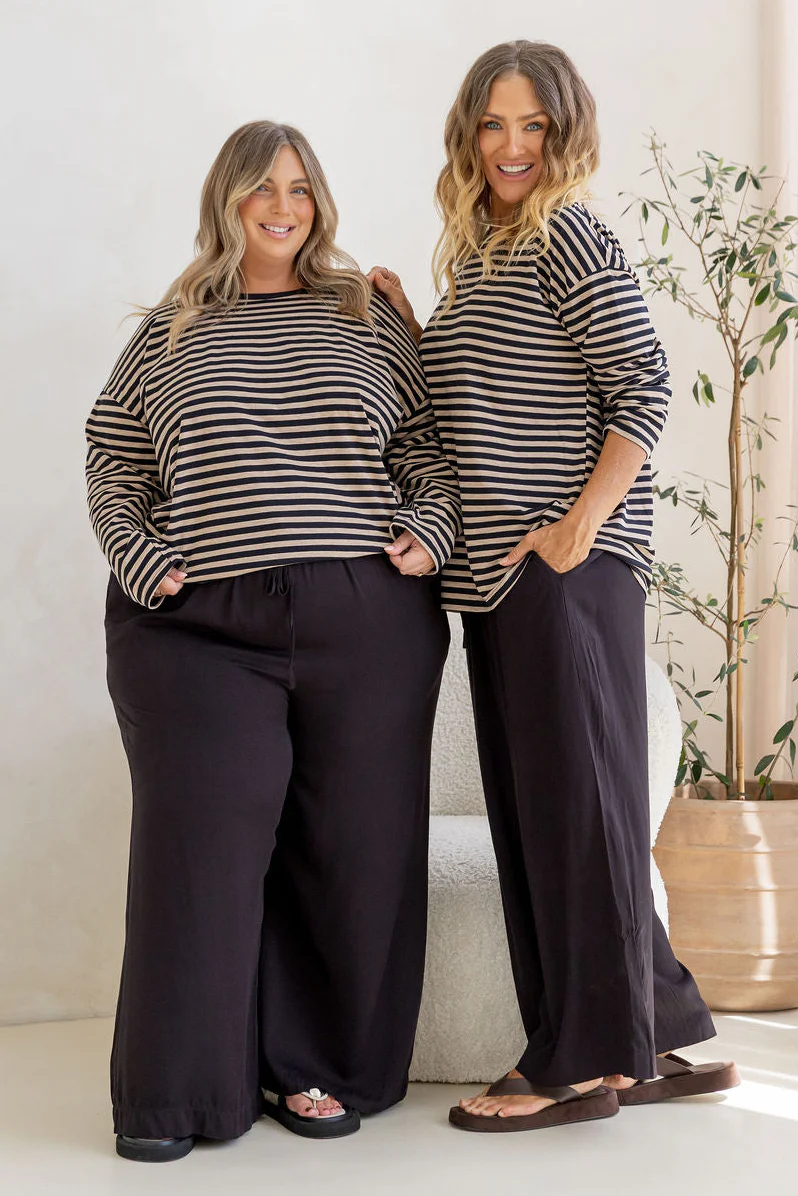 Long Sleeve Boxy Tee in Black/Oat Marle Stripes - Image 2
