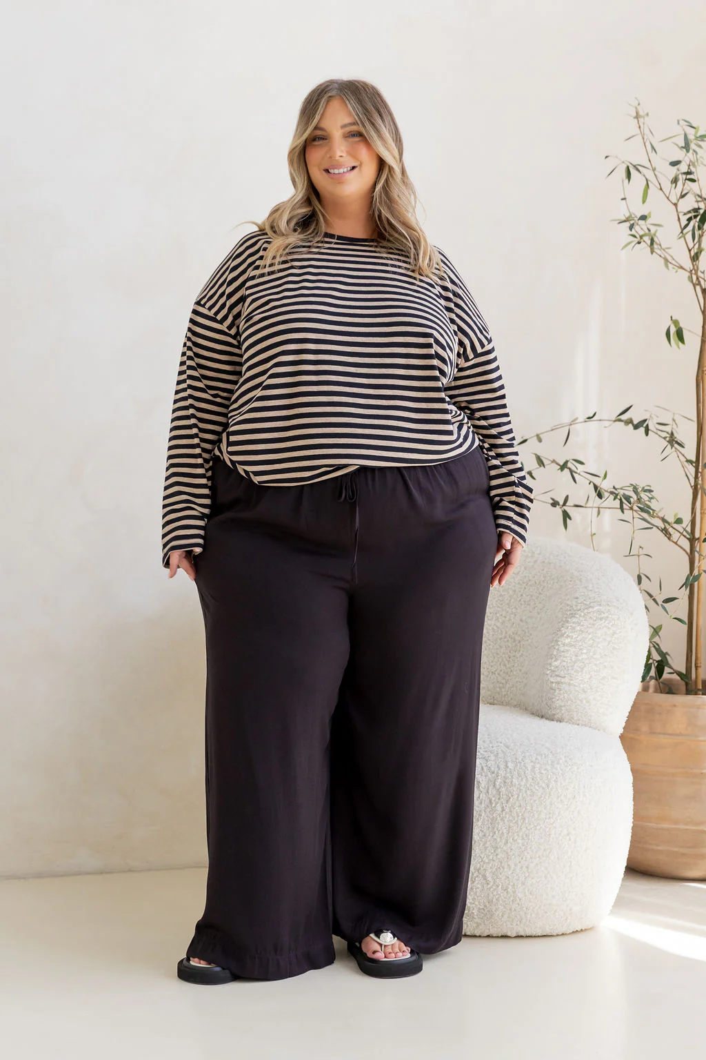 Long Sleeve Boxy Tee in Black/Oat Marle Stripes - Image 5