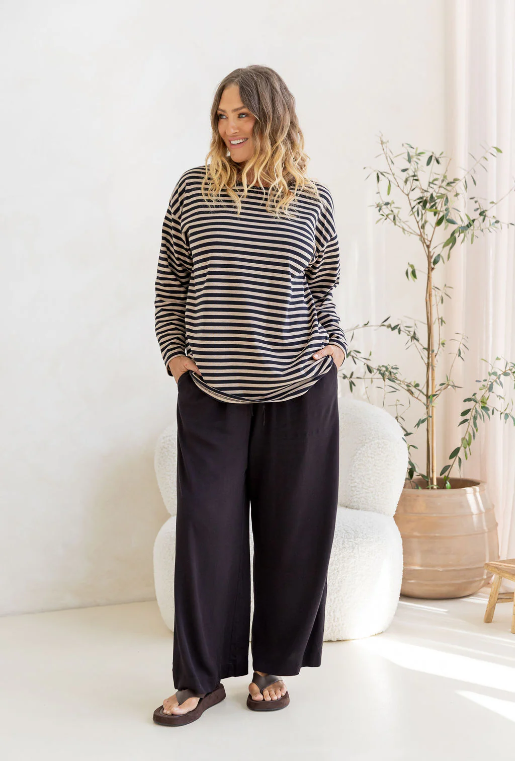 Long Sleeve Boxy Tee in Black/Oat Marle Stripes - Image 6
