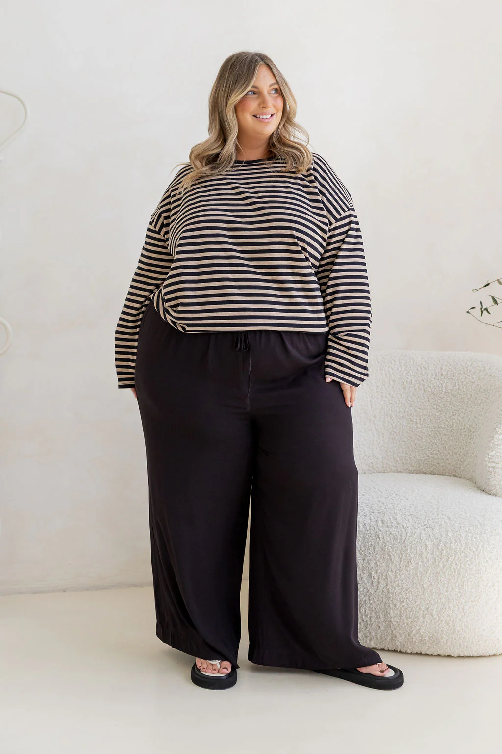 Long Sleeve Boxy Tee in Black/Oat Marle Stripes - Image 7