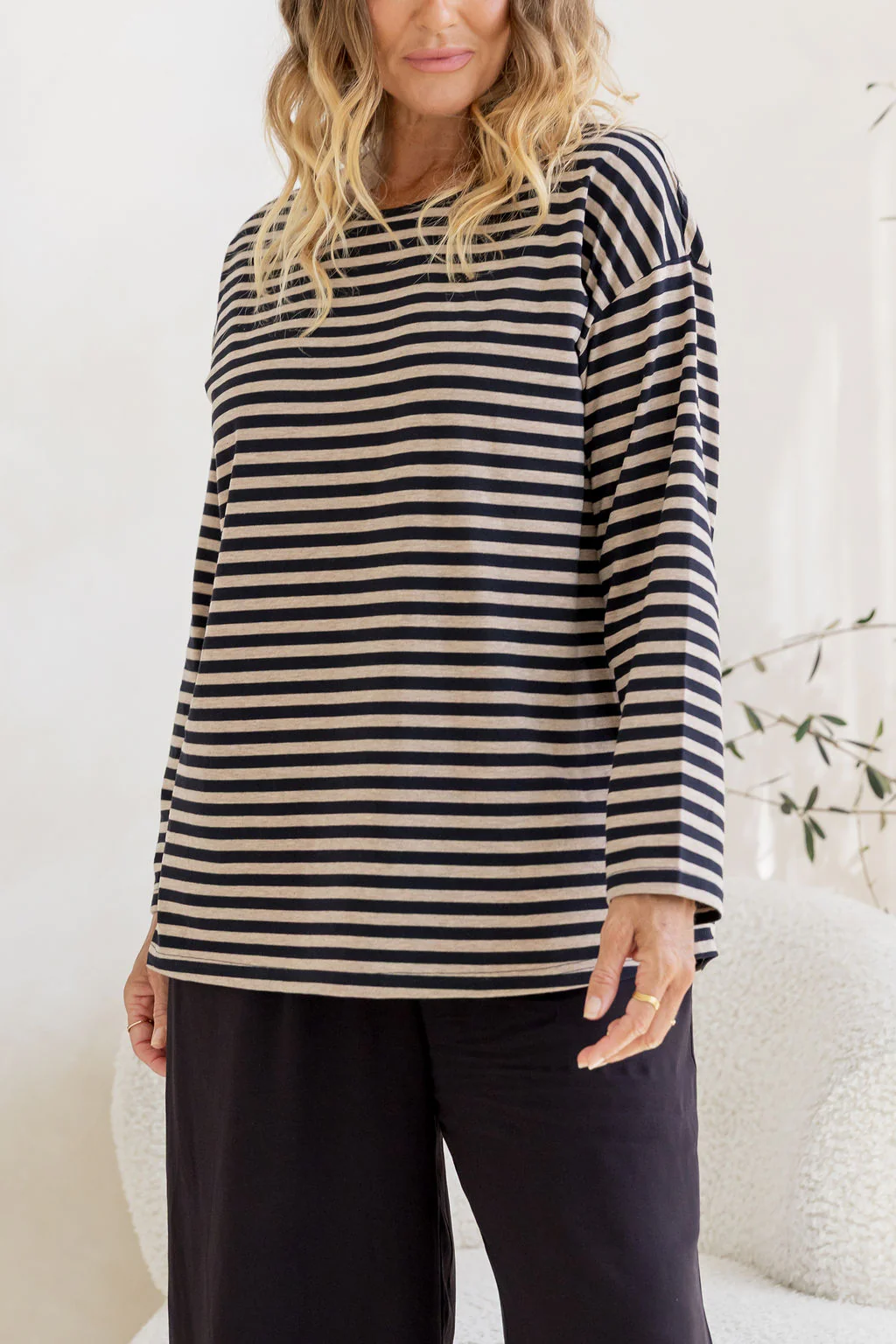 Long Sleeve Boxy Tee in Black/Oat Marle Stripes - Image 8