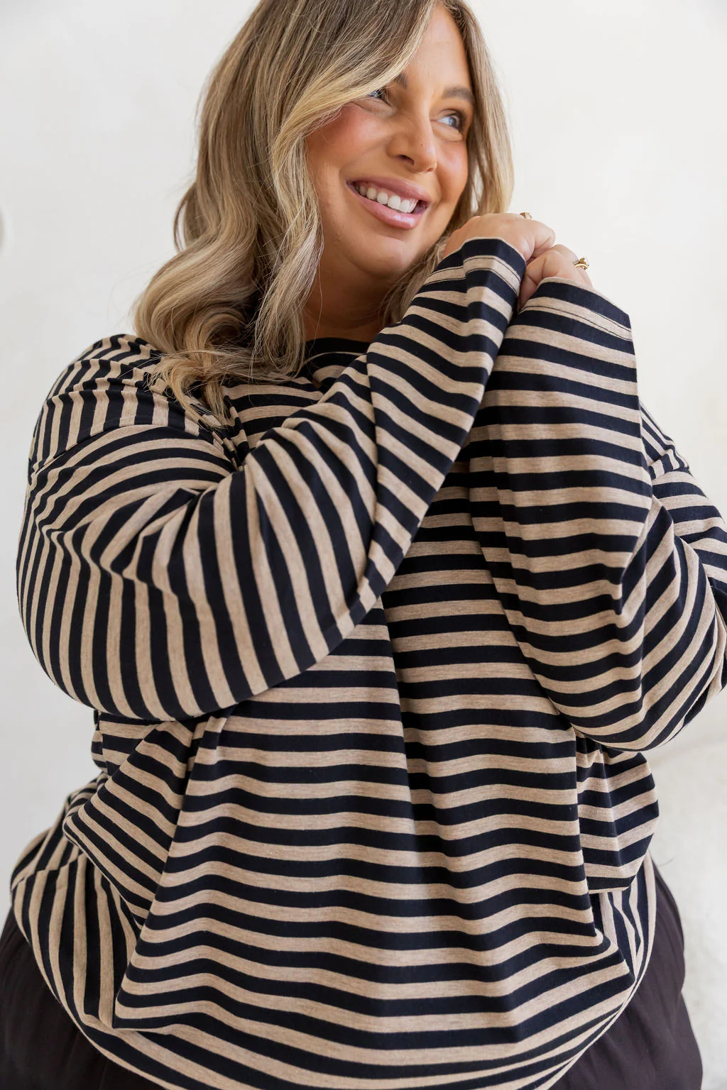 Long Sleeve Boxy Tee in Black/Oat Marle Stripes - Image 9