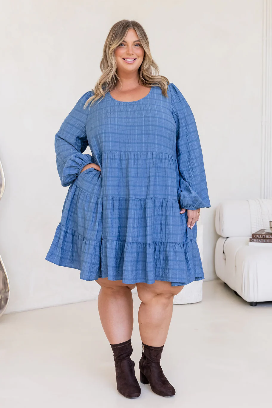 Long Sleeve Greta Dress in Denim Blue