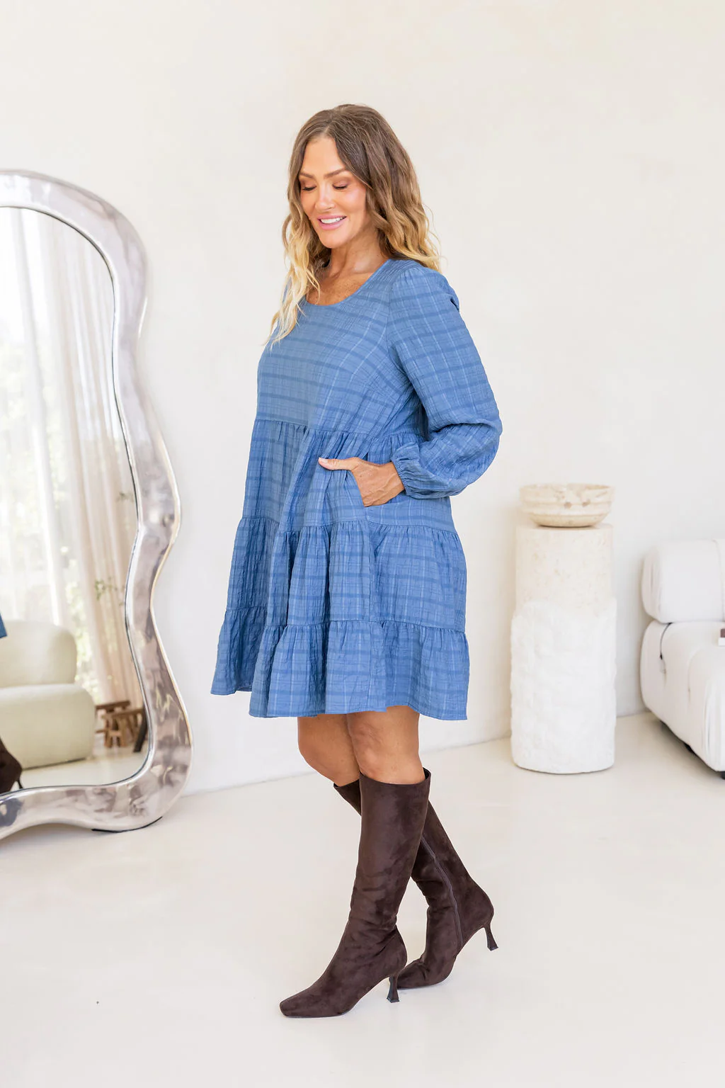 Long Sleeve Greta Dress in Denim Blue - Image 15
