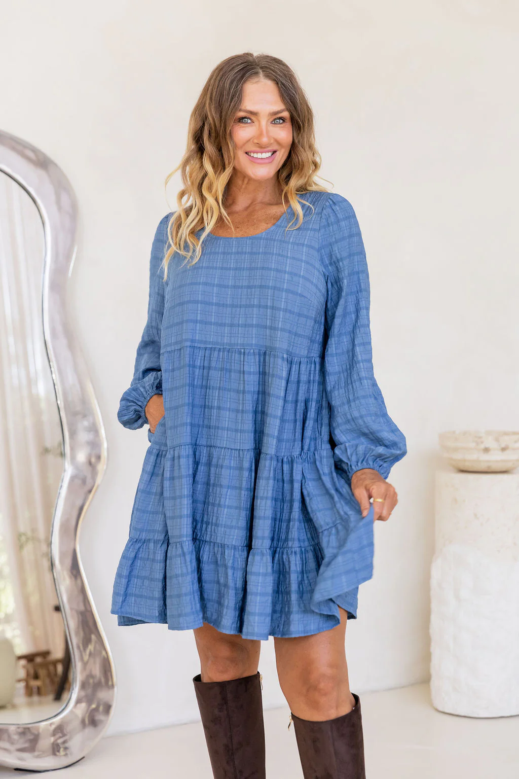Long Sleeve Greta Dress in Denim Blue - Image 2