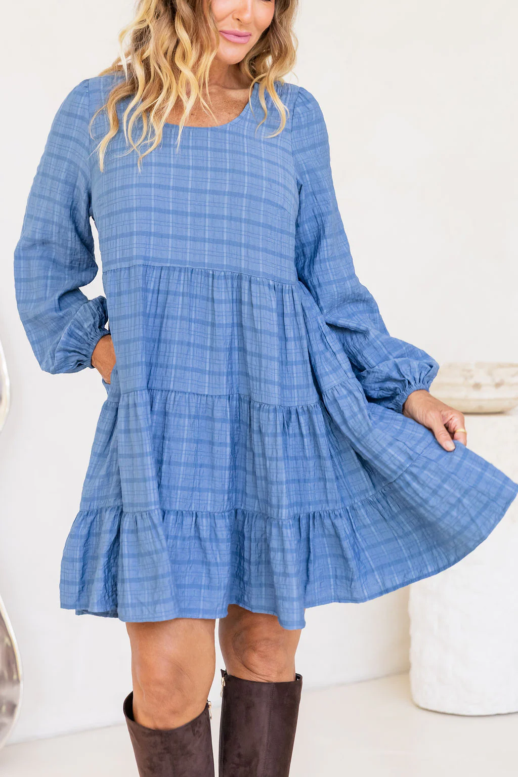 Long Sleeve Greta Dress in Denim Blue - Image 6
