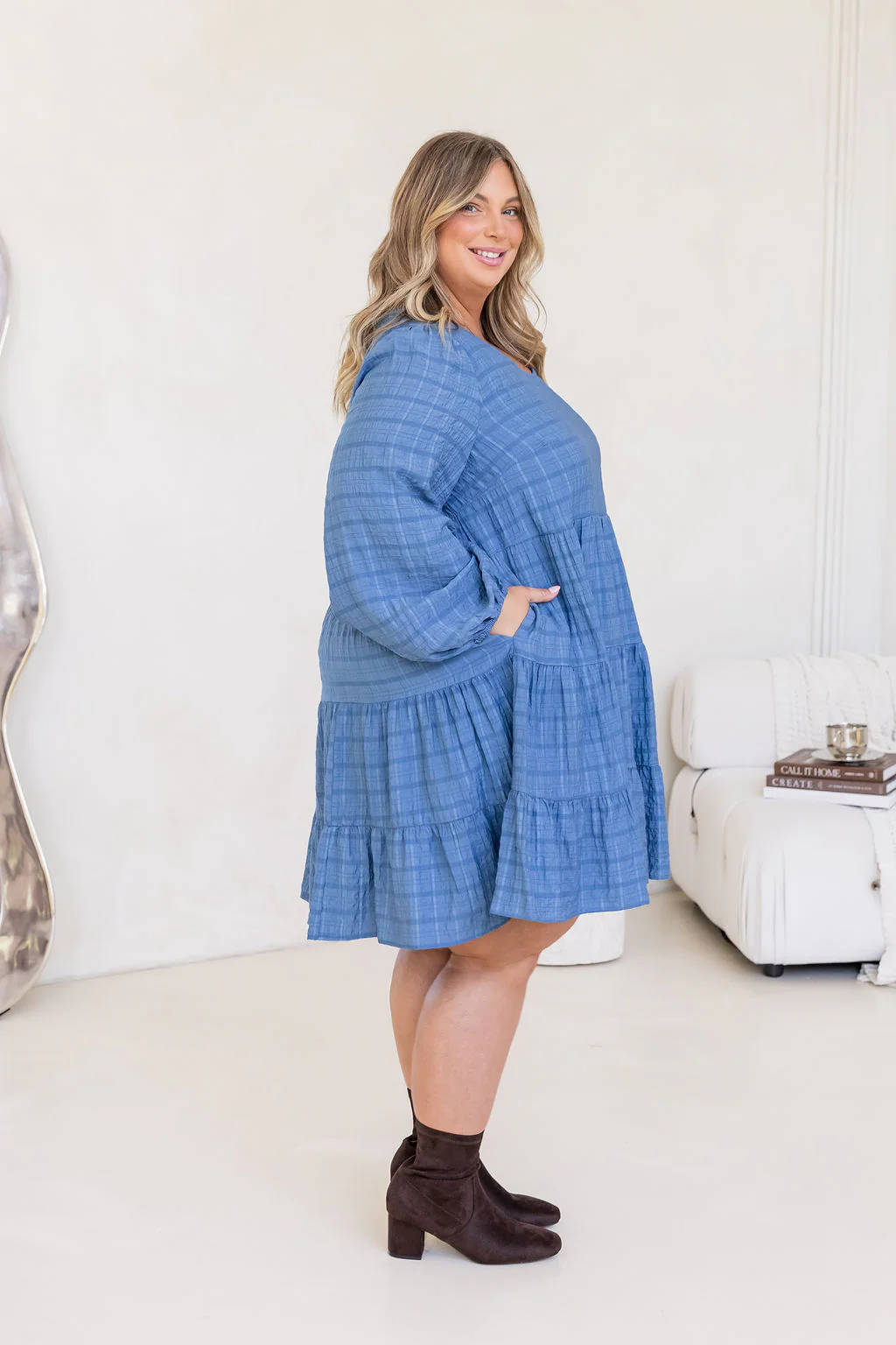Long Sleeve Greta Dress in Denim Blue - Image 7