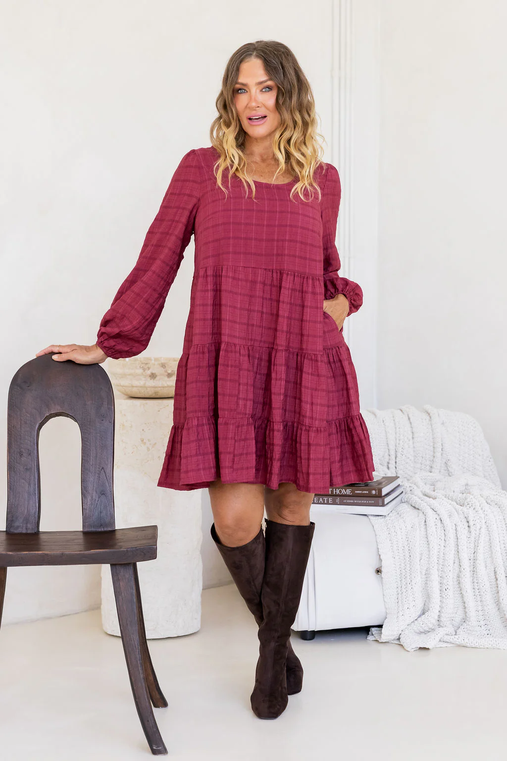 Long Sleeve Greta Dress in Wine - Image 3