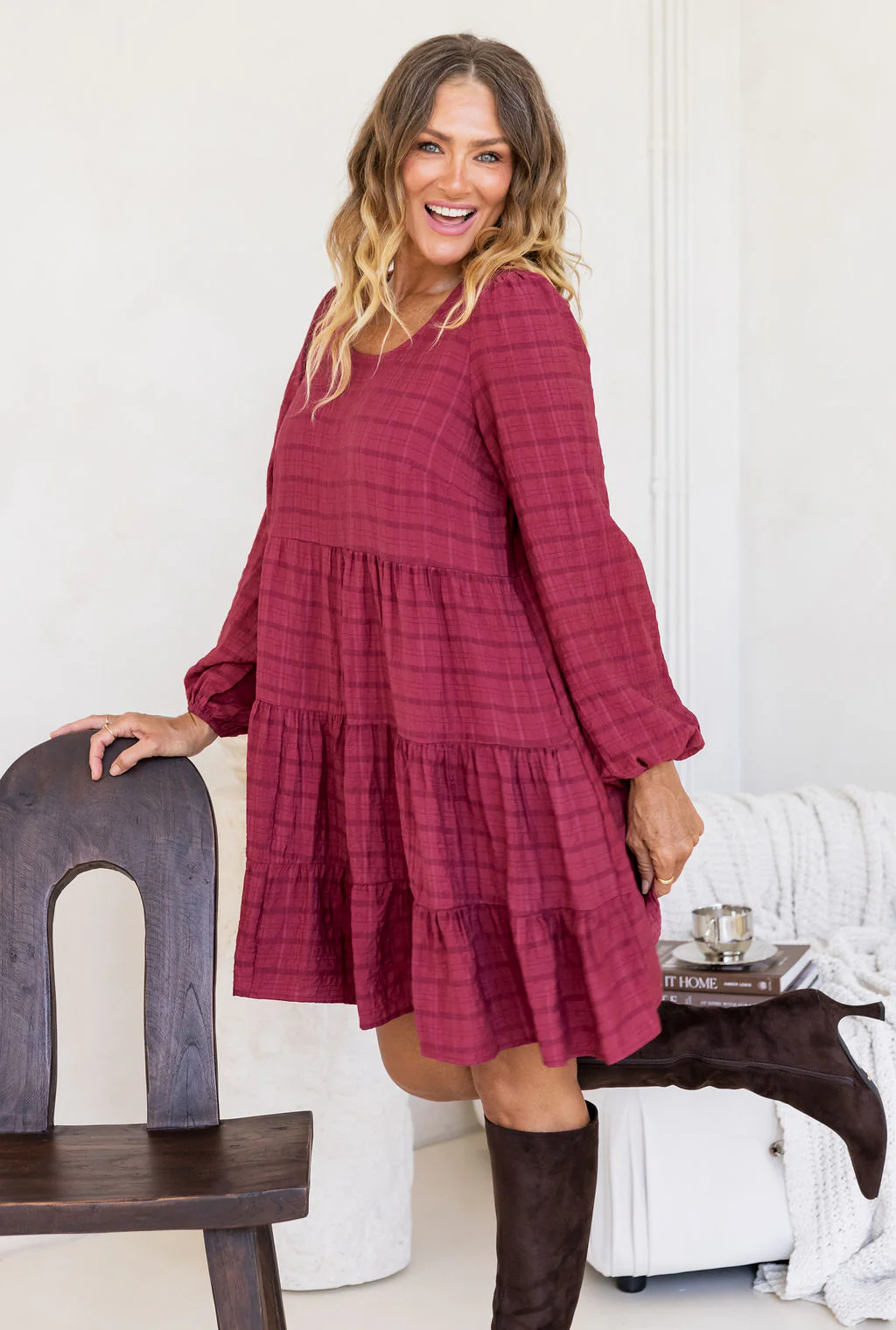 Long Sleeve Greta Dress in Wine - Image 7
